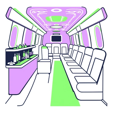 An interior of a lavish limousine is displayed, showcasing luxurious features. The seats are upholstered in soft leather, designed to accommodate several passengers. A mini-bar is positioned on one side, stocked with various glass bottles and crystal glasses. The walls feature integrated neon lighting that emits a soft glow, illuminating the space in vibrant hues. The ceiling is adorned with intricate patterns and mirrors, reflecting the lighting throughout the interior. A plush carpet lines the floor, adding to the opulence of the setting.
