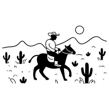 A cow wearing a cowboy hat and cowboy boots stands confidently on its hind legs. It is positioned atop a saddle on a horse, galloping through a vast desert landscape. The ground is covered in sandy terrain with scattered cacti and sparse vegetation. In the background, there are distant rolling hills and a clear sky above. The overall scene captures the essence of a cowboy adventure in a rugged, arid environment.