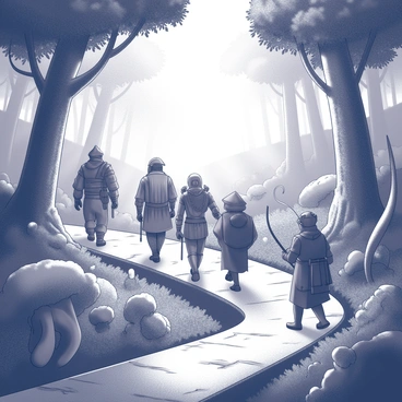 A group of adventurers walking along a winding path through a fantasy forest filled with strange plants.