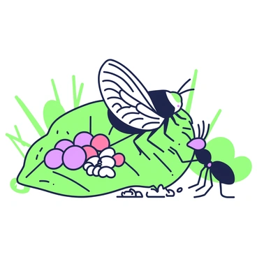 A cicada is perched on a large green leaf, while an ant stands nearby on the ground. The cicada's wings are spread slightly, showcasing their intricate details. On the leaf beside the cicada are assorted berries in various sizes and shapes, along with a small pile of nuts scattered around. The ant is reaching towards one of the berries, its antennae raised, as it prepares to join in the meal. In the background, some greenery adds depth to the scene, creating a lively atmosphere for their festive gathering.