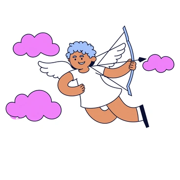 A playful cupid with curly hair, wearing a simple white tunic, is joyfully flying among fluffy pink clouds. He holds a classic bow in one hand, with a quiver of arrows slung over his shoulder. His expression is cheerful, with a small smile on his face. The pink clouds are soft and rounded, creating a whimsical atmosphere around him.