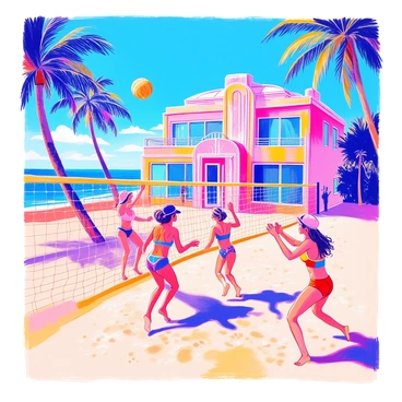 A group of friends is playing beach volleyball on a sandy beach. They are jumping and diving to hit the volleyball over a net. The friends are wearing colorful swimwear, with some donning sunglasses and hats. In the background, there is a stylish Art Deco beach house featuring curved lines and intricate patterns, painted in pastel colors. Palm trees are swaying gently nearby, and the sun is shining brightly in a clear blue sky.