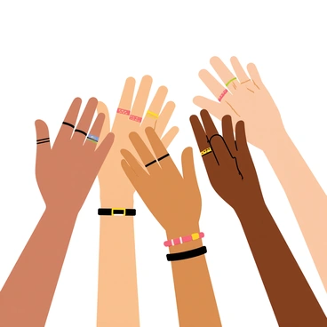 A close-up of several diverse hands coming together in a clapping motion. The hands vary in skin tones, showcasing a range of brown, tan, and light shades. Each hand is depicted with distinct characteristics such as rings, bracelets, and wristbands. The background is softly blurred to emphasize the hands in focus, creating a sense of connection and joy as they celebrate unity.