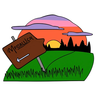 A rusty road sign with faded letters indicating direction to a "Metallica" concert venue. The sign is leaning slightly to one side, with patches of rust and wear visible on its surface. Surrounding the sign are expansive green fields with tall grasses swaying gently in the breeze. The sky is painted in vibrant hues of orange, pink, and purple as the sun sets on the horizon, casting a warm glow over the landscape. In the distance, silhouettes of trees can be seen against the colorful sky, adding to the tranquil atmosphere of the scene.