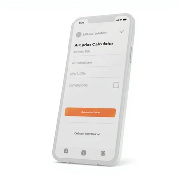 A smartphone app interface displayed on a sleek modern smartphone. The screen shows an "art price calculator" prominently at the top. Below, there are several input fields labeled "Artwork Title," "Artist Name," and "Dimensions." Each field has a clear, user-friendly font. There is a button labeled "Calculate Price" beneath the input fields, designed in a bright color to attract attention. The overall layout is clean and organized, with a professional aesthetic. The background of the app interface is a subtle gradient that enhances readability.