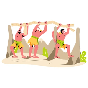 A group of cavemen is shown performing inverted rows using large wooden branches. Each caveman is gripping a thick branch suspended between two sturdy rocks, with their bodies positioned parallel to the ground. Their expressions reflect determination and focus as they pull themselves upward. The scene is set outdoors, with rugged terrain and sparse vegetation visible in the background. The cavemen are wearing simple cloths made from animal hides. One caveman has a long beard, while another has tied back hair, showcasing their unique appearances. The sunlight casts shadows on the ground, emphasizing their muscular forms and the ruggedness of their environment.