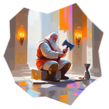 A dwarf named Gimli with a sturdy build and a braided beard is sitting on a carved stone seat in a grand stone hall. He is focused on polishing a large, intricately designed axe with a gleaming blade. The hall features towering pillars adorned with dwarven motifs and ornate stone carvings depicting battles and ancient legends. Torches flicker along the walls, casting warm light on the polished surfaces, while the stone floor reflects the craftsmanship of the architecture around him. In the background, there are sconces and large banners that showcase the heritage of the dwarven clan.