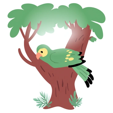 A kakapo is comfortably resting in the crook of a sturdy tree branch. The kakapo has a vibrant green plumage with yellow and brown mottling. Sunlight filters through the lush green leaves above, creating dappled light patterns on the bird and the tree. The tree trunk is thick and textured, showing signs of age and strength. Surrounding the tree are smaller plants and ferns, nestled on the forest floor.