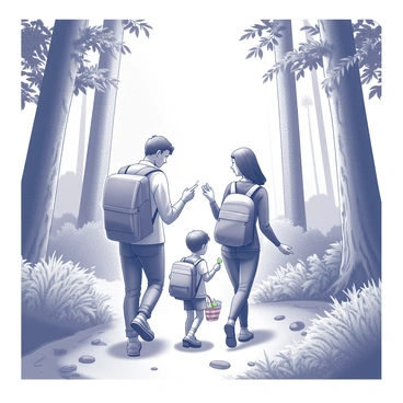 A family of four is walking along a nature trail surrounded by tall trees and lush vegetation. The parents are wearing backpacks, equipped for a day of exploration, while the children, a boy and a girl, are excitedly pointing out various plants and wildlife. The boy is holding a small magnifying glass, examining a leaf, while the girl carries a colorful picnic basket. Sunlight filters through the leaves, casting dappled shadows on the ground, creating a lively and engaging atmosphere. The family is dressed casually, enjoying their Saturday adventure in the great outdoors.