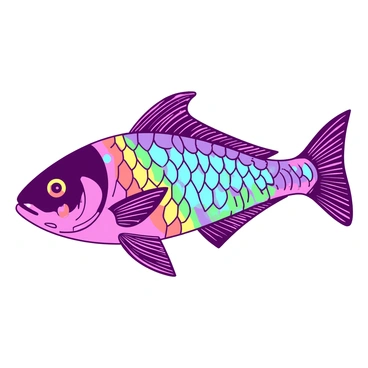 A close-up view of a rainbow fish displaying its shimmering scales. Each scale reflects various hues, creating a vibrant mosaic effect across the fish's body. The scales are detailed, showing intricate patterns and textures, with light glinting off them, enhancing their colors. The background is softly blurred to emphasize the colorful scales of the fish.