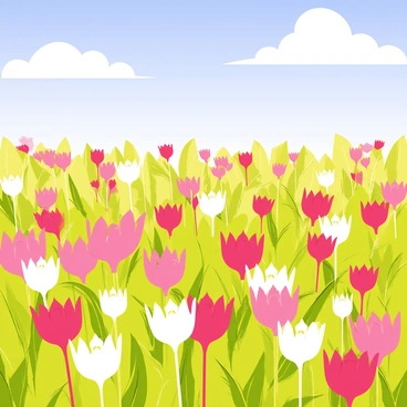 A vast field filled with various types of "protea flowers" in vibrant colors, including pink, white, and red, creating a lively floral tapestry. The flowers are surrounded by lush green leaves that contrast against the colorful blooms. Above the field, a "bright blue sky" is dotted with a few fluffy white clouds, casting soft shadows on the ground. The sun shines brightly, illuminating the scene and highlighting the distinct shapes of the protea flowers.
