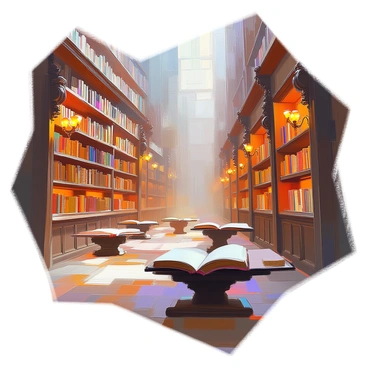 A vast library filled with towering bookshelves that stretch towards the ceiling, showcasing an extensive collection of old and dusty books. The shelves are made of dark wood, and some have intricate carvings. Soft, warm light filters from ornate sconces mounted on the walls, creating an atmosphere of mystery. In the center of the library, there are several wooden tables scattered about, each with a few open books laid out on them. A thick carpet covers the floor, and the air carries a faint scent of aged paper and wood. Shadows play across the room, enhancing the enchanting and timeless feel of this ancient space.