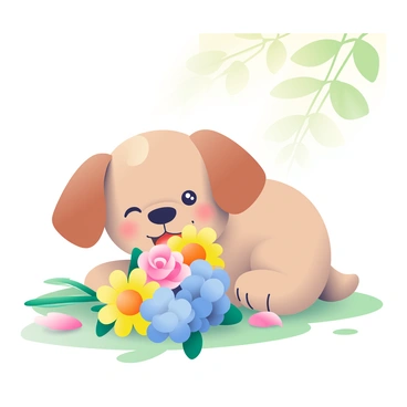 A small, lovable puppy with large, floppy ears and uneven fur is playing excitedly with a bouquet of colorful flowers. The puppy has a slightly wrinkled face, with big, round eyes that sparkle with joy. The bouquet consists of assorted flowers including bright yellow daisies, soft pink roses, and vibrant blue hydrangeas. The puppy is lying on a patch of green grass, with some petals scattered around as it playfully nibbles on the flowers. Sunlight filters through the leaves above, casting soft shadows around the scene.