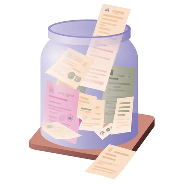 A transparent glass jar filled to the brim with various paper receipts. The receipts are colorful and have different lengths, with some partially spilling out of the jar onto a wooden surface below. A few receipts are crumpled while others remain flat, displaying printed text and logos. The jar is illuminated, casting soft shadows around it, and the background is blurred, emphasizing the jar and its contents. Some receipts have small, vibrant graphics, and others show clear itemized lists. The scene captures the chaotic yet organized nature of everyday spending.