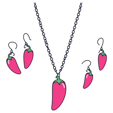 An elegant necklace with a chain made of fine silver links. The centerpiece of the necklace features three charms shaped like vibrant red chili peppers, each with a glossy finish and detailed green leaves at the top. The accompanying earrings are dangle-style, featuring a single chili pepper charm on each earring, mirroring the design of the necklace. The overall arrangement is sleek and sophisticated, perfect for a chic jewelry display.