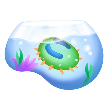 A microscopic view showcasing "a single-celled organism" swimming in "clear water." The organism has a distinctive, oval shape with tiny projections for movement, and it displays vibrant colors such as green and blue. Small bubbles of air rise in the water around it. The background features a soft blur that emphasizes the organism's details, while hints of light refract through the water, creating a shimmering effect.