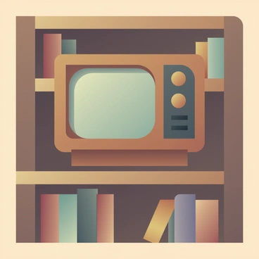 A vintage television placed on a wooden shelf surrounded by stacks of various books in a cozy library corner.