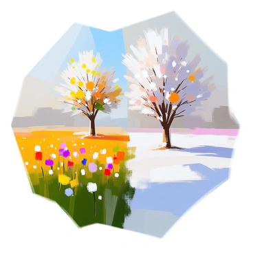 An illustration depicting a vibrant field split into two distinct sections. On one side, the landscape is alive with spring bloom, showcasing an array of colorful wildflowers in shades of yellow, purple, and red. Lush green grass covers the ground, and a few trees with fresh leaves are scattered throughout, their branches swaying gently. On the other side, a stark contrast is presented with a blanket of pristine white snow covering the ground. The snow-capped landscape features bare trees with frost on their branches, and subtle shadows are cast by the gentle winter light. The transition line between the two sections is a smooth gradient, representing the shift from the warmth of spring to the chill of winter.
