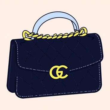 A Chanel bag with a classic quilted pattern. The bag is black with a glossy finish, showcasing its luxurious texture. Each diamond-shaped section of the quilted pattern is well-defined, with intricate stitching visible along the edges. The bag has a gold-tone chain strap that adds elegance. The front features the iconic interlocking "CC" logo in a gold color, prominently displayed. The background is a soft, neutral color to emphasize the details of the bag.