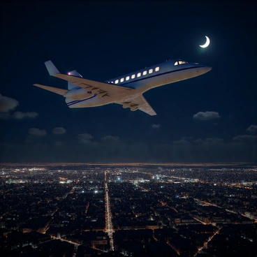 A private jet with a sleek, aerodynamic design and jet engines is flying high in the night sky. The aircraft is illuminated by the soft glow of its cabin lights, visible through the windows. Below, a sprawling cityscape is visible, with thousands of twinkling lights from buildings, streets, and vehicles reflecting the vibrant energy of urban life. The dark sky is dotted with a few scattered clouds, and the moon casts a faint light over the scene, enhancing the nighttime atmosphere.