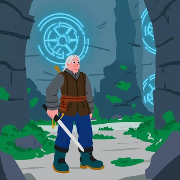 A witcher exploring ancient mystical ruins, with glowing symbols on the stone walls