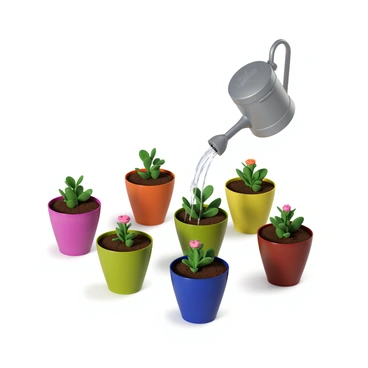 A set of servers placed inside colorful flower pots, each pot filled with vibrant soil and small blooming flowers. The servers have a sleek metallic finish, with wires and ports visible. A digital watering can, designed with modern technology elements, hovers above the pots, pouring a stream of water over the servers. The watering can features a LED display showing the water level, and the scene captures the intricate details of both the servers and the flowers in the pots.