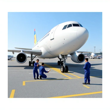 A group of mechanics in blue uniforms is inspecting a plane's landing gear on a runway apron. The mechanics are focused on the large, white aircraft with colorful markings on the tail. One mechanic kneels down next to the landing gear, using a wrench to check bolts, while another stands nearby, holding a clipboard and observing the process. The apron is made of gray concrete, with yellow markings indicating parking spots and safety zones. In the background, there are other aircraft and airport buildings visible under a clear blue sky.
