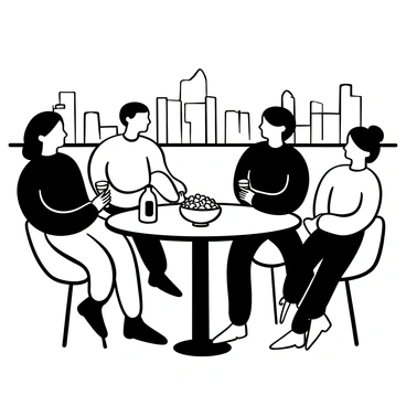 A group of friends seated around a sleek, modern table at a rooftop bar, surrounded by elegant city skyline views. Each person has a glass in hand, while a small, luxurious bowl of caviar sits at the center of the table. A stylish bottle of champagne rests next to the bowl, with flutes ready for pouring. Sophisticated lounge chairs and soft decorative elements enhance the atmosphere, while ambient lighting casts gentle shadows over the scene. The friends are engaged in lively conversation, creating a dynamic and inviting setting.