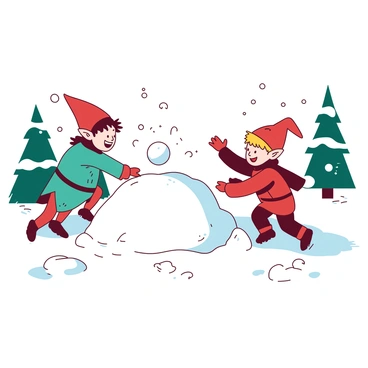 Two small elves are engaged in a playful snowball fight in a snowy winter landscape. One elf is wearing a bright teal tunic and has a mischievous smile while crouching behind a snow-covered mound, preparing to throw a snowball. The other elf, dressed in a vibrant red outfit, is laughing joyfully as they dodge to the side, with snowflakes swirling around them. The ground is blanketed in thick, soft snow, and pine trees dusted with white can be seen in the background. The scene captures the cheerful energy of their winter adventure.