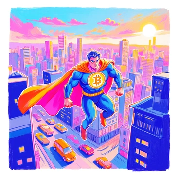 A superhero is soaring through the sky above a bustling city. The superhero has a muscular build, wearing a tight-fitting costume that features a prominent "bitcoin" symbol on their chest. Their cape billows dramatically behind them as they navigate through a skyline filled with tall buildings and glowing lights. The sun is setting in the background, casting a warm golden hue over the city. Below, the streets are alive with cars and people, all depicted in lively detail. The superhero's determined expression conveys a sense of purpose as they patrol the urban landscape.