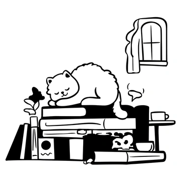A fluffy cat curled up and napping on a stack of books, with its fur beautifully textured. The stack of books is arranged in various sizes, showcasing colorful covers. Sunlight streams through a nearby window, casting gentle shadows and illuminating the scene with a warm glow. There are more books stacked nearby, some leaning and some upright, creating a cozy atmosphere. A small, round table with a cup and a bookmark rests adjacent to the stack of books.