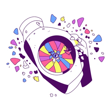 A white kaleidoscope is held up to a person's eyes, reflecting intricate patterns and colors. The person's gaze is focused, and their eyes express curiosity and intrigue. Surrounding the kaleidoscope, multiple colorful fragments swirl in an abstract manner, suggesting a variety of emotions. The scene captures the essence of changing perspectives through the vivid display within the kaleidoscope.