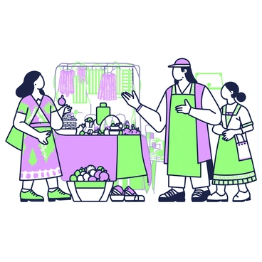 Dona Marina is standing in a bustling market filled with various stalls and vibrant activity. She has long dark hair and is dressed in traditional clothing. In front of her, a Spanish merchant, wearing a hat and a tunic, gestures with his hands as he speaks. Next to him, a local trader, adorned in colorful attire with intricate patterns, responds thoughtfully. Around them, there are baskets filled with fruits and vegetables, and colorful textiles hanging from nearby stalls. In the background, other shoppers and traders move about, immersed in their transactions.