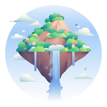 A large floating island is suspended high above the clouds. The island features lush green vegetation and vibrant flowers in various colors, creating a rich landscape. Cascading waterfalls flow from the edge of the island, plunging into the fluffy white clouds below. Mist rises from the waterfalls, creating a soft haze around the base of the island. The sky is a bright blue, dotted with a few fluffy white clouds, enhancing the ethereal atmosphere of the scene. Small birds can be seen flying around the island, adding life to the tranquil setting.