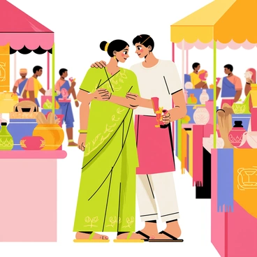 A Maharashtrian couple standing together at a vibrant local fair, surrounded by an array of handcrafted items. The woman is wearing a traditional bright green nine-yard saree adorned with intricate gold patterns, and her hair is neatly tied back with a decorative bun. The man is dressed in a white kurta and a red loincloth, with a colorful scarf draped over his shoulder. They are both examining a colorful stall filled with handmade pottery, wooden sculptures, and vibrant textiles. The atmosphere is lively, with other fairgoers visible in the background, interacting and enjoying the various stalls.