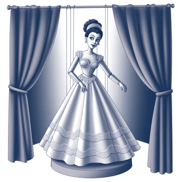 A marionette puppet resembling "The Bride of Frankenstein" is positioned on a wooden stage. The puppet features a detailed face with defined cheekbones, large hair styled in an elaborate updo, and a classic bridal gown with intricate details such as lace and ruffles. Strings are visibly attached to the puppet, leading upward to an unseen puppeteer. The stage is adorned with dark velvet curtains, partially drawn to reveal the puppet and enhance the theatrical atmosphere. The lighting creates dramatic shadows, highlighting the puppet's features and the textures of the gown.