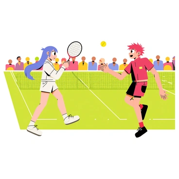 Two anime characters engaged in a heated tennis match on a vibrant green court. The first character, a girl with long flowing blue hair, is wearing a sporty white outfit and is poised to serve, with a determined expression on her face. The second character, a boy with spiky red hair, is in a dynamic stance, ready to receive the serve, dressed in a matching red and black outfit. The tennis ball is frozen mid-air between them, showcasing the intensity of their game. Colorful spectators are visible in the background, cheering enthusiastically.