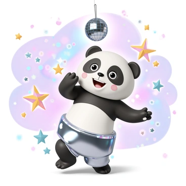 A cartoon panda, with large round eyes and a cheerful expression, is wearing a shiny silver outfit that reflects colorful lights. The panda is mid-dance, with one paw raised and the other extended outwards, showcasing a playful movement. Above the panda, a disco ball hangs, casting sparkling reflections all around. The background features vibrant colors, with multicolored lights illuminating the scene, enhancing the lively atmosphere of the dance.
