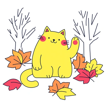 A lucky cat with a shiny, gold coat is sitting among colorful autumn leaves in a park. The cat has an upraised paw and a cheerful expression, with bright red markings on its face and body. Surrounding the cat are large, vibrant leaves in shades of orange, yellow, and red, scattered across the ground. In the background, there are blurred silhouettes of trees with branches that have lost many leaves, emphasizing the autumn season.