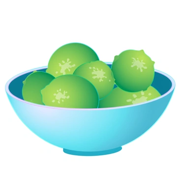 A round ceramic bowl with a glossy finish, resting on a smooth counter. The bowl is filled with limes of various sizes, some small and round while others are larger and oval-shaped. The limes display a range of shades of green, from vibrant lime green to deeper, darker hues. The surface of the limes is textured with tiny dimples, reflecting light in various angles, highlighting their freshness.