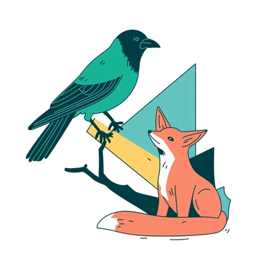 A teal crow is perched on a branch beside an orange fox sitting on the ground. The crow has its wings partially spread, showcasing detailed feather patterns. The fox is looking up at the crow with its ears perked, displaying a curious expression. The background features abstract shapes and patterns that enhance the overall composition. The colors are vibrant, with sharp contrasts between the teal crow and the orange fox, creating a striking visual effect.