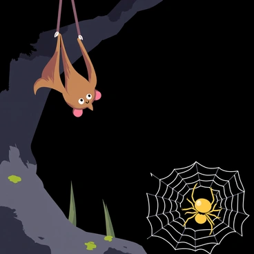 A brown bat with folded wings hanging upside down from a stalactite in a dark cave. Nearby, a yellow and black spider is spinning its web, intricately weaving thin strands that glisten in the low light. The cave walls are textured with rough rocks, and patches of moss are visible on the surface. In the background, shadows deepen, creating a moody atmosphere around the cave setting. The spider's web catches the faint light, showcasing the delicate structure of its design.
