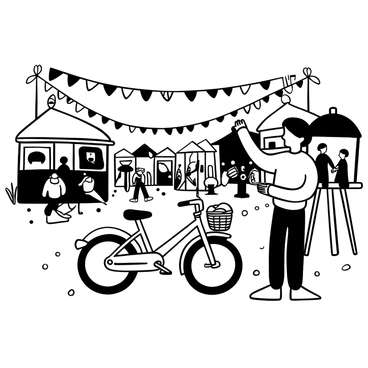 An artist with a paintbrush in hand is captured in the act of painting a "pink bike" that is prominently positioned in the center of a bustling street fair. The bike has a unique design with intricate details, including a woven basket attached to the front. Surrounding the bike, various stalls and tents are visible, filled with colorful decorations and people engaged in activities. Strings of bunting hang above, adding to the lively atmosphere. The ground is marked with patches of cobblestones and scattered confetti, emphasizing the festive environment. The artist is focused on a canvas on an easel, depicting the scene with precision.