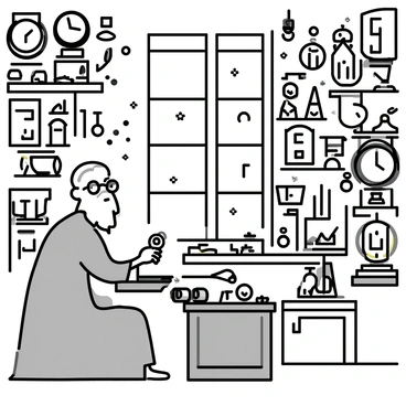 A grand chamber is filled with various ancient artifacts displayed on wooden shelves and tables. The room features numerous clocks of different sizes, some hanging on the walls and others standing on pedestals, each with unique designs and intricate details. In the center of the room, there is a wise timekeeper, an elderly man with a long white beard and spectacles, sitting at a large oak desk cluttered with scrolls and tools. He is wearing a long robe, holding a small pocket watch in one hand, and looking thoughtfully at the ticking clocks around him. Soft light filters through the tall windows, illuminating the dust particles in the air.