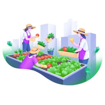 A vibrant urban rooftop farm scene featuring several volunteer workers actively harvesting vegetables. The workers are dressed in casual clothing, wearing sun hats and gloves, engaged in picking ripe tomatoes and leafy greens. Surrounding them are rows of lush plants, including vibrant green lettuce, bright red peppers, and clusters of herbs. In the background, there are city buildings partially visible, creating a contrast between the greenery of the farm and the urban environment. The sky is bright and sunny, illuminating the scene and giving a lively feel to the rooftop garden.