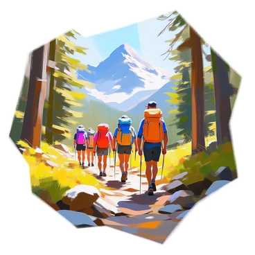 A group of hikers wearing colorful outdoor gear is trekking through a lush, vibrant forest filled with tall green trees and dense underbrush. The hikers are seen in various poses, some carrying backpacks and others pointing towards a trail. In the background, majestic mountains rise up, their peaks partially covered with snow, creating a stunning contrast with the greenery of the forest. Sunlight filters through the leaves, casting dappled light on the forest floor. The scene conveys a sense of adventure and exploration amidst nature.