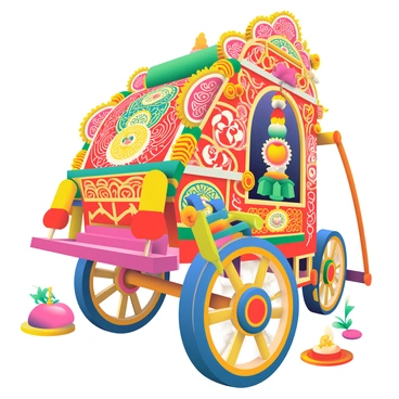 A close-up of a beautifully decorated Jagannath chariot reveals intricate motifs and embellishments. The chariot features vibrant colors, with deep reds, bright yellows, and rich greens dominating the design. Detailed carvings showcase floral patterns and religious symbols, meticulously painted with gold accents. Brightly colored tassels hang from the sides of the chariot, adding texture and depth. The large wooden wheels are adorned with elaborate designs, and there are small offerings placed around the chariot, enhancing the visual richness of the scene.