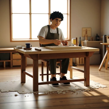 An artisan with medium skin tone and a focused expression is seated at a wooden workbench in a well-lit workshop. He is wearing an apron and has short, curly hair. In his hands, he holds a chisel, applying it to a rectangular woodblock that rests on the bench. The woodblock features intricate patterns and designs, with shavings of wood scattered around it. Various carving tools are neatly arranged nearby, along with a small ink pot and a stack of paper ready for printing. Natural light streams in through a window, illuminating the artisan's careful movements as he works on the woodblock.