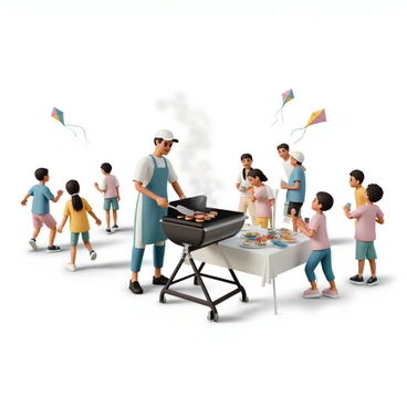 A friendly host, wearing a blue apron and a white baseball cap, stands behind a charcoal grill, flipping burgers. Smoke rises from the grill as the host smiles, engaging with the neighbors. Nearby, a group of adults are standing in small clusters, chatting and laughing, some holding drinks in their hands. Children are running around, playing tag and flying colorful kites in the background. A table is set nearby, displaying various side dishes and snacks, with a festive tablecloth. The scene conveys a lively neighborhood block party atmosphere.