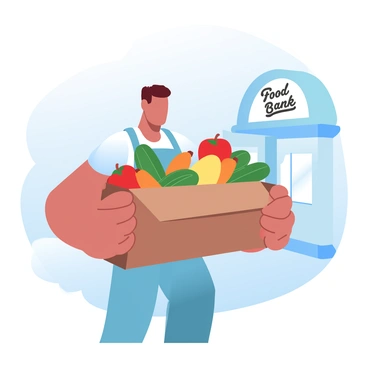 A volunteer is carrying a large box filled with an assortment of fresh fruits and vegetables. The box is overflowing with colorful produce, including bright red apples, green cucumbers, orange carrots, and yellow bananas. The volunteer is wearing a casual t-shirt and jeans, with an apron tied around the waist. In the background, the entrance of a local food bank is visible, featuring a sign that reads "Food Bank" prominently displayed. The scene conveys a sense of community and support.